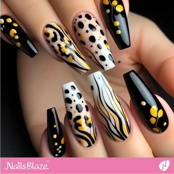 White and Black Nails with Leopard Print and Spots Design | Animal Print Nails - NB2590